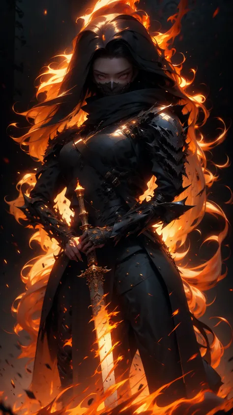 Realistic women with black scary armor, Holding fire Sword,human face,long hair, perfectly detailed on dragon armors,Super detail face,high details on face,realistic face, character highly detailed, character sheets, Detailed, sharp focus, Super detailed f...