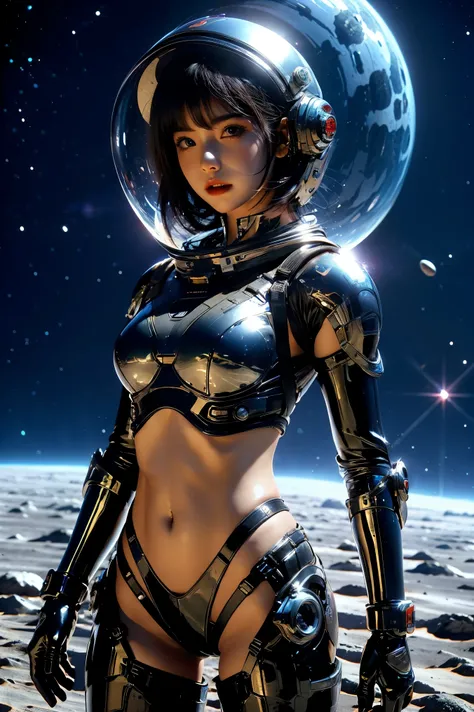 a girl in spacesuit, fully exposed midriff, bare waist,cowboy-shot, in outer space, desolate alien planet, transparen space-helmet,Transparent full-face helmet ,((bikini top)),((metal Bikini armor)), sexy exposed midriff, full metallic armor, bare midriff ...