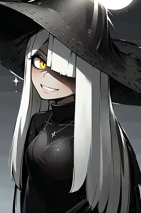 A menacing witch with a very sharp-toothed grin, black dress, large hat covered in moss, a gnarled wood staff, surrounded by ethereal energy