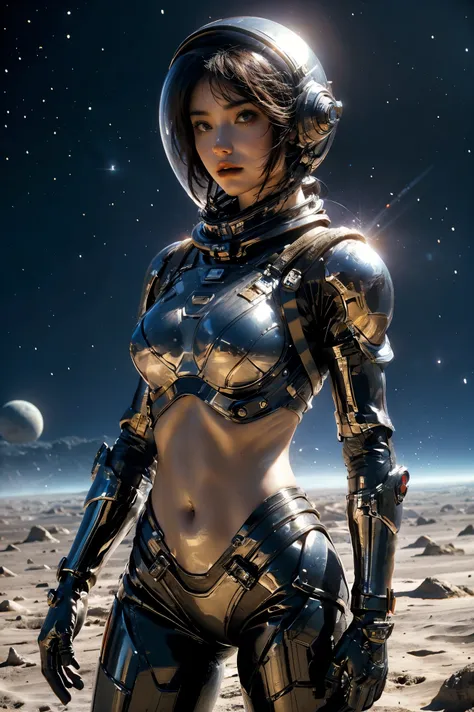 a girl in spacesuit, fully exposed midriff, bare waist,cowboy-shot, in outer space, desolate alien planet, transparen space-helm...