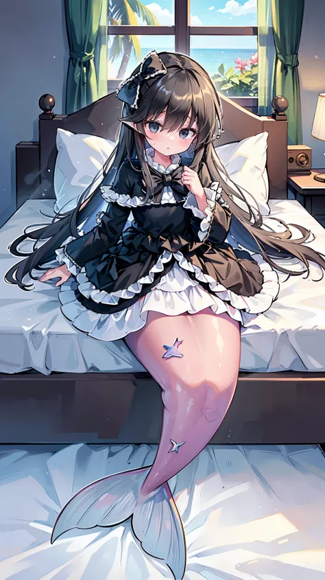 masterpiece, best quality,ghost belle,mermaid,a girl,hair between the eyes,very long hair,black eyes,hair bow,black hair,wide sl...