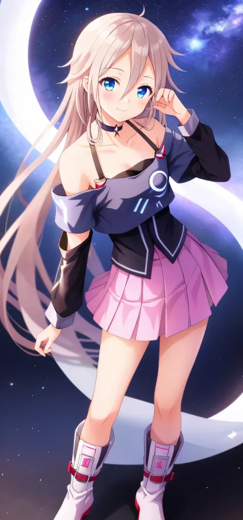one girl, IA, Vocaloid, CeVIO AI, short skirt, black shirt, off shoulder, choker, beauty, starry sky, mysterious girl, romantic, close to girl, Aria on the Planetes, from diagonally, slender, cool, straight hair, boots, standing, detailed face, cool pose, ...