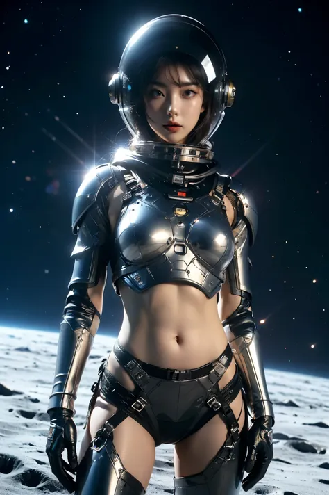 a girl in spacesuit, fully exposed midriff, bare waist,cowboy-shot, in outer space, desolate alien planet, transparen space-helm...