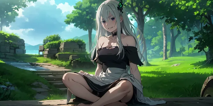 (long hari, silver hair:1.5), hair ornament, purple eyes, breasts, epic art, fantasy, 1girl, grass, solo, barefoot, sitting, bre...