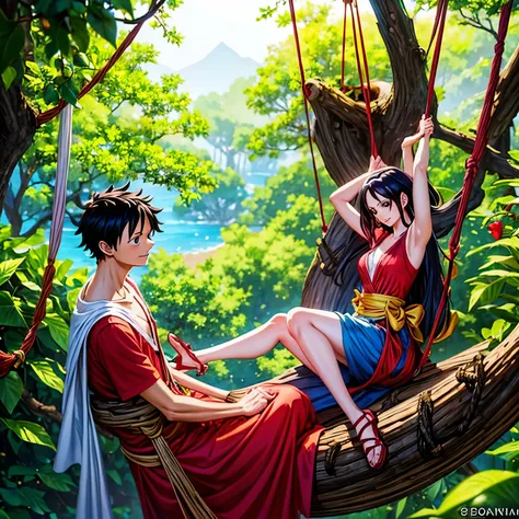 a woman boa hancock sitting on a swing next to a man monkey d luffy , swing on a tree, by a, swinging on a vine over a chasm, ph...