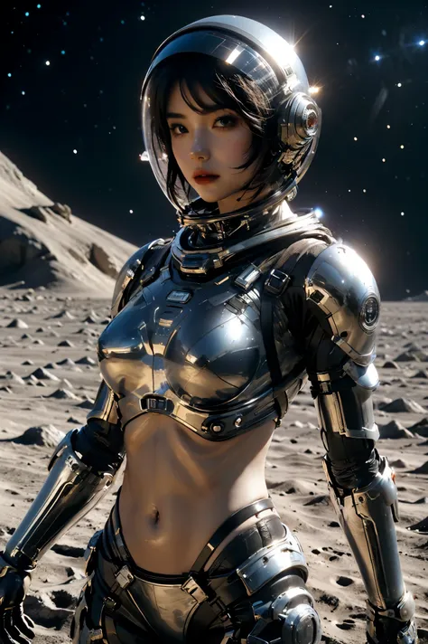 a girl in spacesuit, fully exposed midriff, bare waist,cowboy-shot, in outer space, desolate alien planet, transparen space-helm...