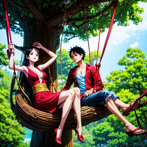 a woman Boa Hancock sitting on a swing next to a man Monkey D Luffy , swing on a tree, by a, swinging on a vine over a chasm, photoshoot, couples portrait, jovana rikalo, hanging from a tree, in a tree, on a tree, sitting on a tree, Onepiece