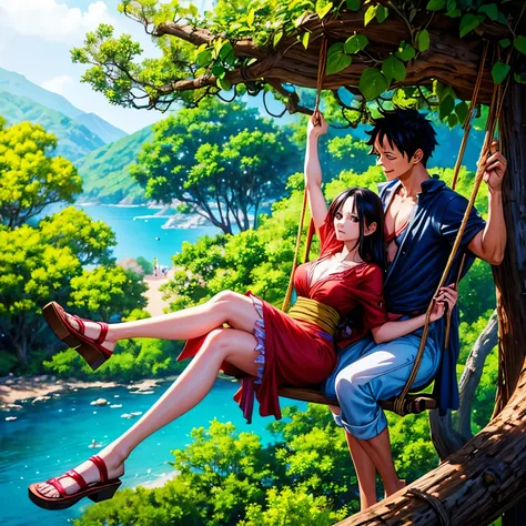 a woman boa hancock sitting on a swing next to a man monkey d luffy , swing on a tree, by a, swinging on a vine over a chasm, ph...