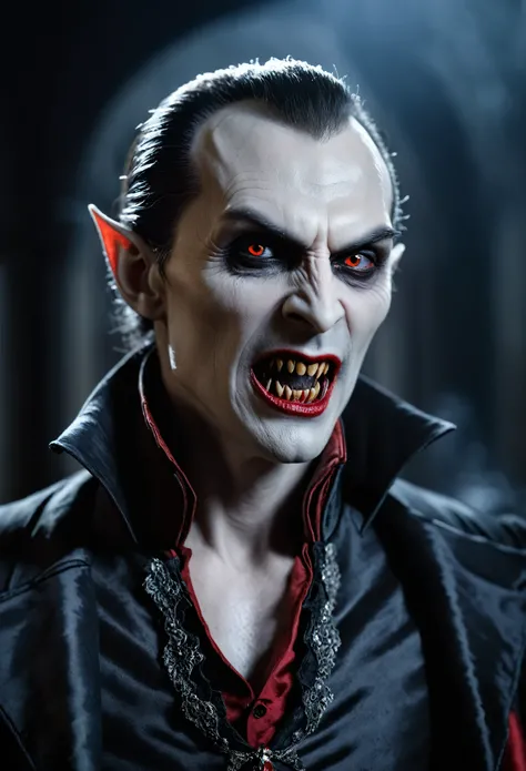 hyper realistic and highly detailed, vampire creature, half body portrait, cinematic, movie still, captured in the style of Sony Alpha A7 III camera