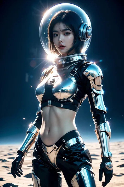 a girl in spacesuit, fully exposed midriff, bare waist,cowboy-shot, in outer space, desolate alien planet, transparen space-helmet,Transparent full-face helmet ,((bikini top)),((metal Bikini armor)), sexy exposed midriff, full metallic armor, bare midriff ...