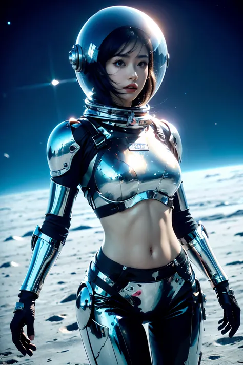 a girl in spacesuit, fully exposed midriff, bare waist,cowboy-shot, in outer space, desolate alien planet, transparen space-helm...