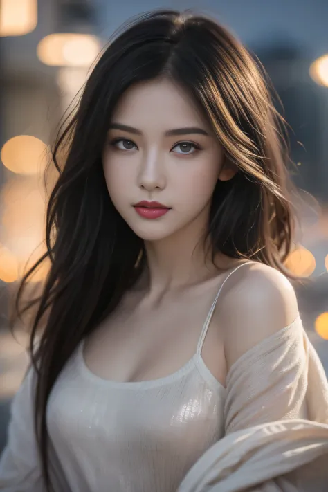 (Half-length photo,Street Lights,moon),masterpiece, 1 girl, Solo Exhibition, Beautiful woman on busy street, There are vendors all around, Beautiful goddess girl portrait, Beautiful and delicate face, Porcelain skin, (((Half-length photo, center, night, Bl...