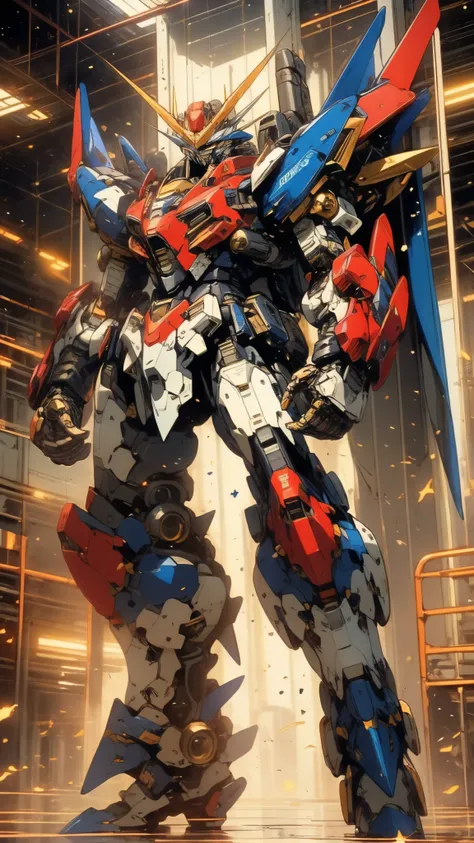 Humanoid Mecha, fully enclosed shoulder guards, matching arm and leg guards, full body, full armor, super robot, the design balances heavy with agility, (the color scheme is primarily white with red and blue accents, the concept Inspired by super robot, Li...