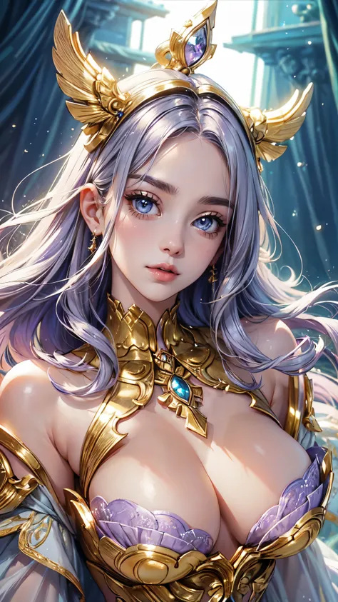 （masterpiece）、(highest quality)、((Super detailed))、(super delicate)、cute、Pastel colors hair、beautiful breasts、Gorgeous、fantastic sea of light、Gold, silver, and purple costumes, detailed face, detailed eyes, detailed skin