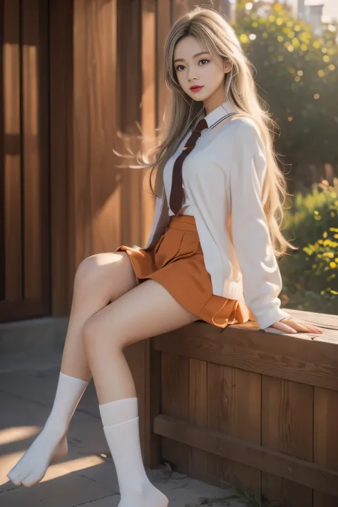 ((masterpiece)), ((best quality)), ((High resolution)), ((Extremely detailed CG unity 8k wallpaper)), Solitary, Orange, Tan school uniform, Black skirt, White socks, outdoor, Face, beach, Downy hair, parted hair, Silver Hair