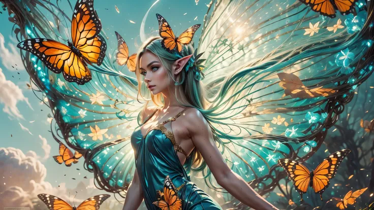 beautiful faerie woman, elf ear, flying, massive monarch butterfly wings between shoulder blades, glowing blue eyes, detailed pr...