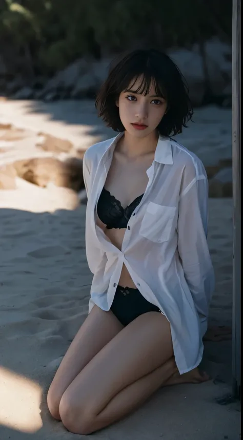 Best quality, masterpiece, ultra high res, (photorealistic:1.5), raw photo, 1girl, beach, deep shadow, low key, cold light, sexy look, short hair, ((cover with unbutton shirt)) ,( black underwear inside) ,ample bust, windy, full body