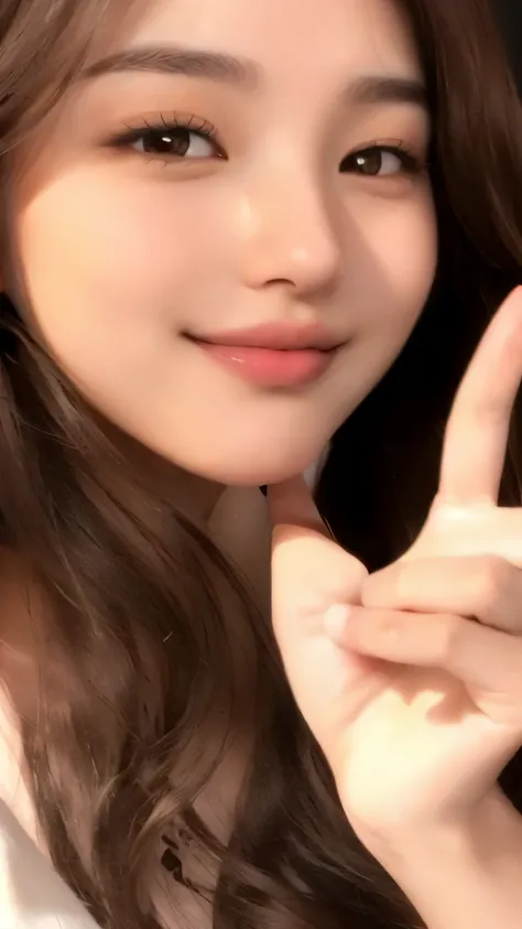 arafed woman with long brown hair making a peace sign, profile pic, small lips pointy nose, with very thin lips, with cute - fine - face, with small nose, bae suzy, headshot profile picture, big round nose closed lips, profile image, lovely smile, small li...