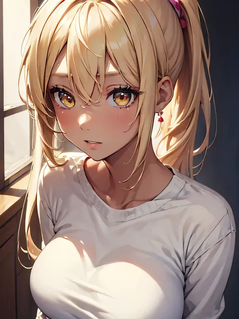 (masterpiece, best quality:1.4), 8k, Close Up, Blonde Hair, Tanned Skin, short Ponytail Hair, Young adult, anime girl, Happy, Teasing, light yellow Eyes, Big Chest, white sweater, (detailed eyes and face, sharp pupils, realistic pupils:0.6)