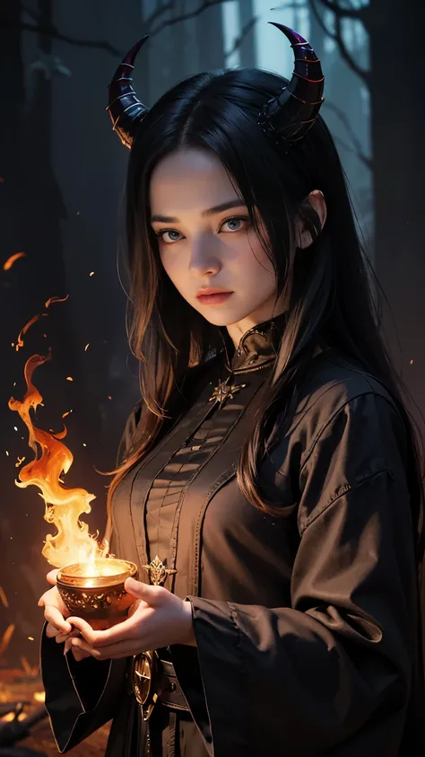 (highest quality,4K,8k,High resolution,masterpiece:1.2),Super detailed,(Realistic,photoRealistic,photo-Realistic:1.37), Close-up of a woman with dark hair and a black dress, Ugly Satan Girl,devil,horn,Red skin,Dark Eyes,sinister smile,Evil Aura,Burning Fla...