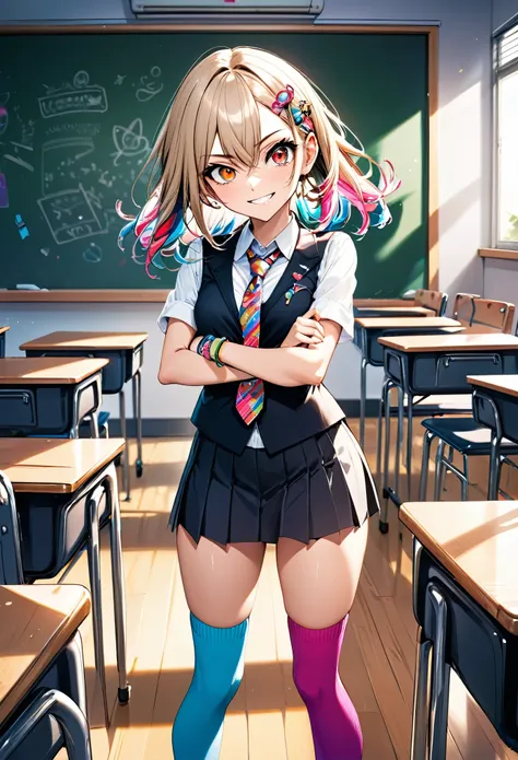 a mischievous girl with a sly grin, standing in a school classroom. she has sharp, narrow eyes giving a teasing look, and her ey...