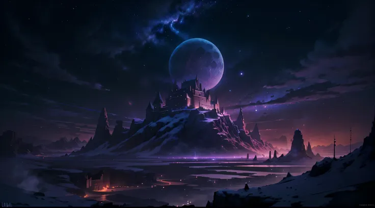 (absurd, Cinematic, UHD, highest, ultra detailed, ultra detailed), dark purple sky, nebula in the sky, last 5 in the sky, big moon in the sky, falling star, castle on hill, mountain, oil painting, Detailed sky, sunset, unreal engine 4k wallpaper