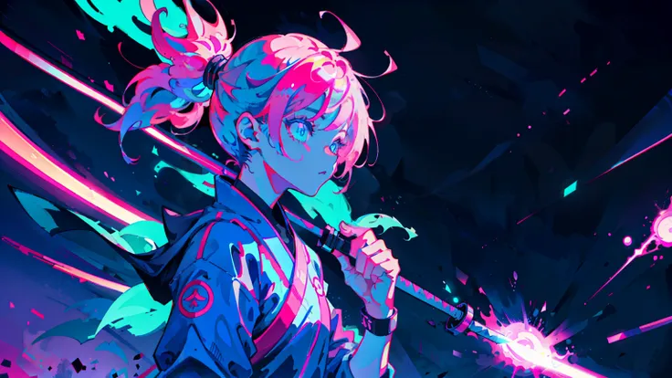 Anime Girls, Kunoichi（Female Ninja）, knife、Neon pink and blue colors, cry, anger, Towards the sky, Neon style full shot, Check Line, Uplifting