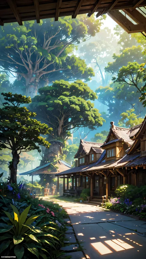 (beautiful tree house on a forest path,the house made up of forset,cyberpunk bloomcore flowers house,deconstruction architecture,biophilic desigchronism，Fantastic Tropical Rainforest Landscape,The lush tropical rainforest, the giant trees passing through t...