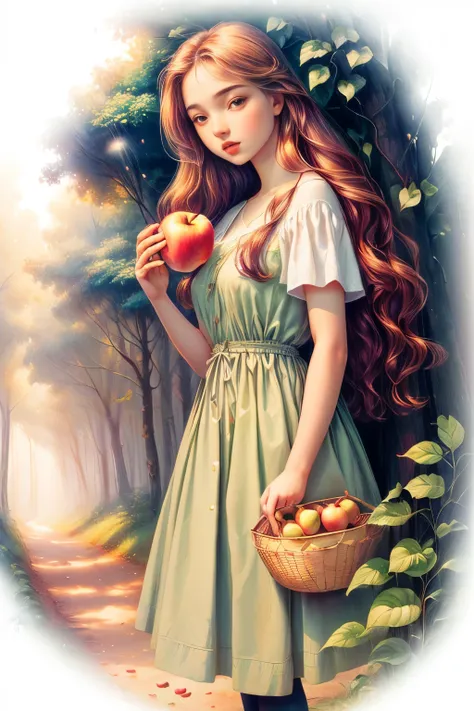 Girl holding a basket of apples, dense forest, path, sun rays through foliage