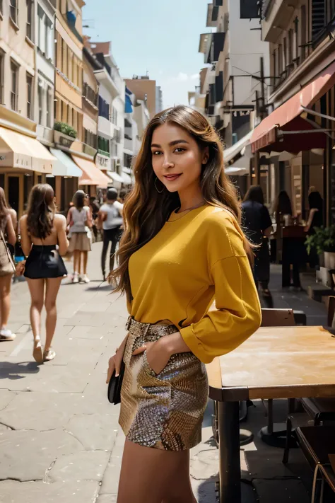 A chic and trendy Instagram influencer, her chestnut waves cascading effortlessly as she sips a cocktail in the bustling city among friends. This vivid portrait captures her radiant smile and fashionable outfits, perfectly curated for the occasion. The ima...