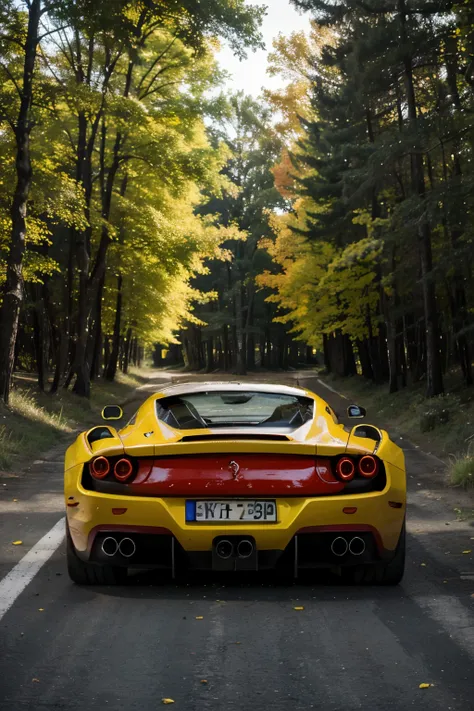 Un Ferrari de color amarillo derrapando en una curva de noche en un bosque 