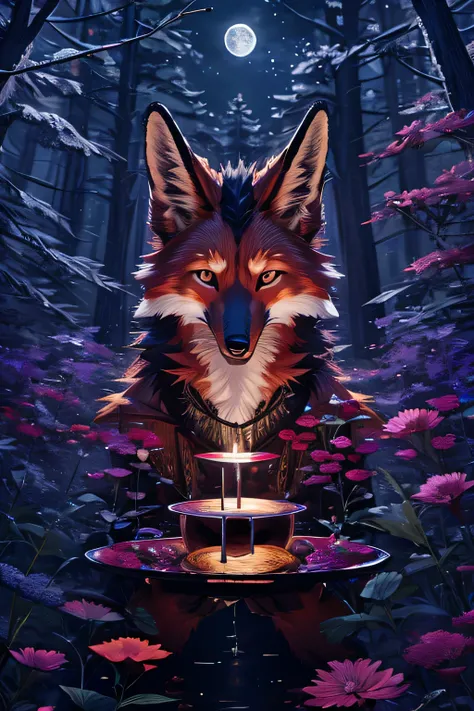 a cat forest fox maned wolf hybrid animal, solid rich deep brown fur color, dark forest trail, bioluminescent, full moon, iconography, hints of maroon color, ultra detailed, beautiful and aesthetic, High quality, beautiful, masterpiece, best quality, (zent...