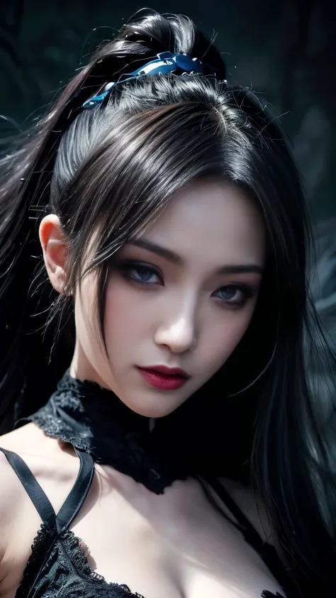 (highest quality,4K,8k,High resolution,masterpiece:1.2),Very detailed,(Realistic,photoRealistic,photo-Realistic:1.37), Close-up of a woman with dark hair and wearing a black dress, 20-year-old woman、(ponytail:1.3)、Dark Theme、Calm colors調、Calm colors、High C...