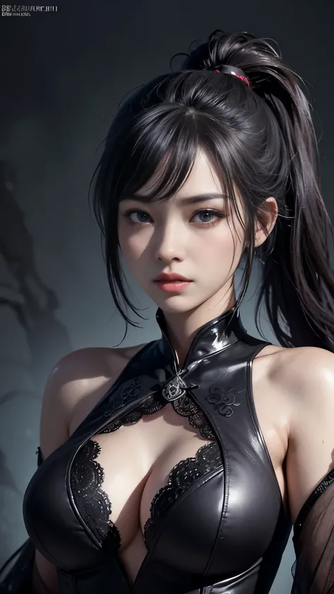 (highest quality,4K,8k,High resolution,masterpiece:1.2),Very detailed,(Realistic,photoRealistic,photo-Realistic:1.37), Close-up of a woman with dark hair and wearing a black dress, 20-year-old woman、(ponytail:1.3)、Dark Theme、Calm colors調、Calm colors、High C...