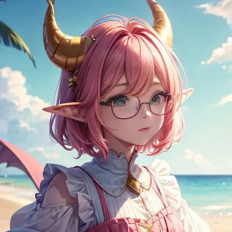 ((Best quality, 8K, Masterpiece: 1.3)) best quality, masterpiece,pink hair, big yellow horns curled around and pointed tail, green eyes, pink clothes, pink dress, elf ears, looking up, wear glasses, upper body,hair strand,Fair skin,short hair