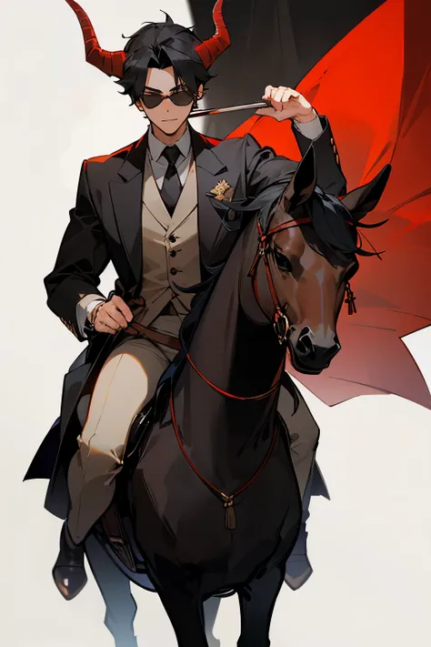 A handsome young man with giant horns rides a horse and wears dark glasses.