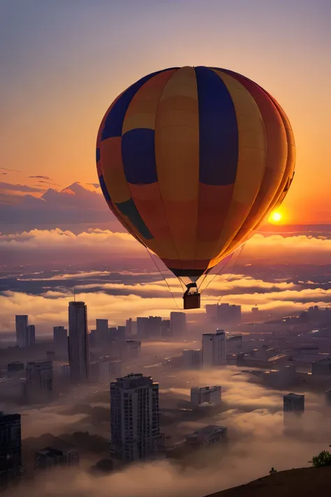 hot air balloon:1.5, vaporpunk, in the sky, sunset, vapor, fog, atmospheric pollution, areia, vento,