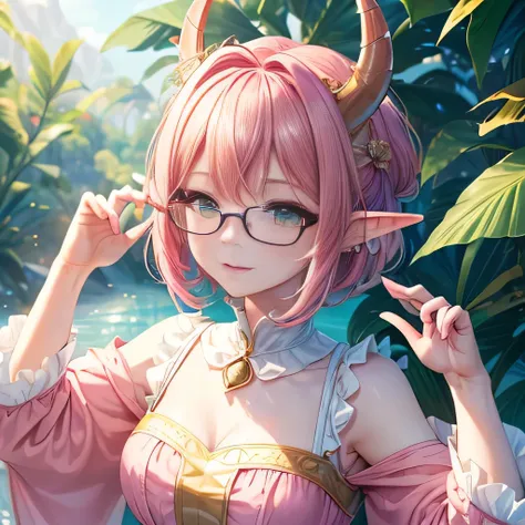 ((Best quality, 8K, Masterpiece: 1.3)) best quality, masterpiece,pink hair, big yellow horns curled around and pointed tail, green eyes, pink clothes, pink dress, elf ears, looking up, wear glasses, upper body,hair strand,Fair skin,short hair, beautiful fa...