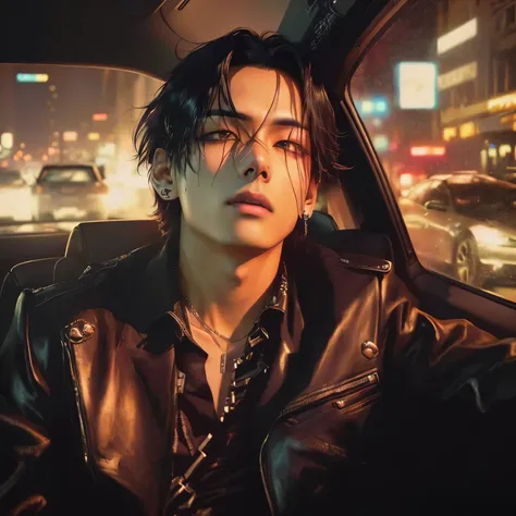 Arafed image of a man in a leather jacket sitting in a car., al estilo de kar wai wong, ambiente ciberpunks, ambiente ciberpunk, grunge aesthetic, cyberpunk aesthetic, beautiful androgynous prince, in cyberpunk aesthetic, retrato de jossi de blackpink, aes...