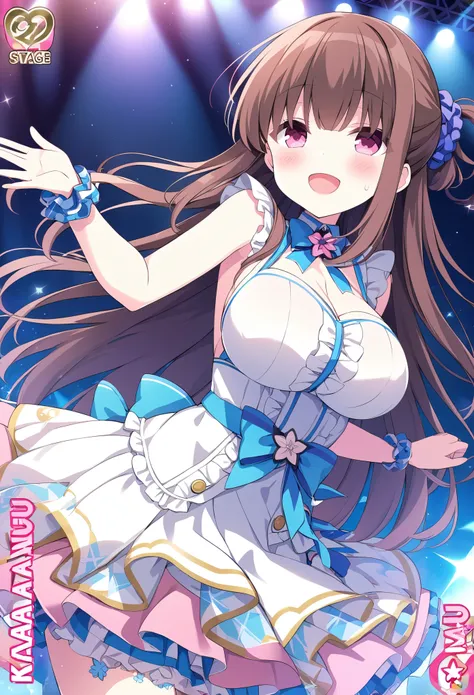 AMATSUKANATA, BROWN HAIR, BLUE SCRUNCHIE, HAIR SCRUNCHIE, HALF UPDO, LONG HAIR, PINK EYES,,, large breasts, live stage, solo,