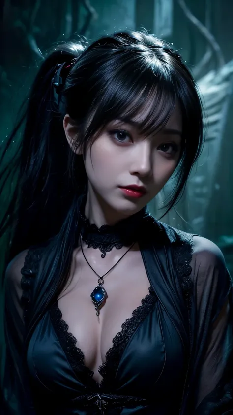 (highest quality,4K,8k,High resolution,masterpiece:1.2),Very detailed,(Realistic,photoRealistic,photo-Realistic:1.37), Close-up of a woman with dark hair and wearing a black dress, 20-year-old woman、(ponytail:1.3)、((((Blue gemstone necklace))))、Dark Theme、...