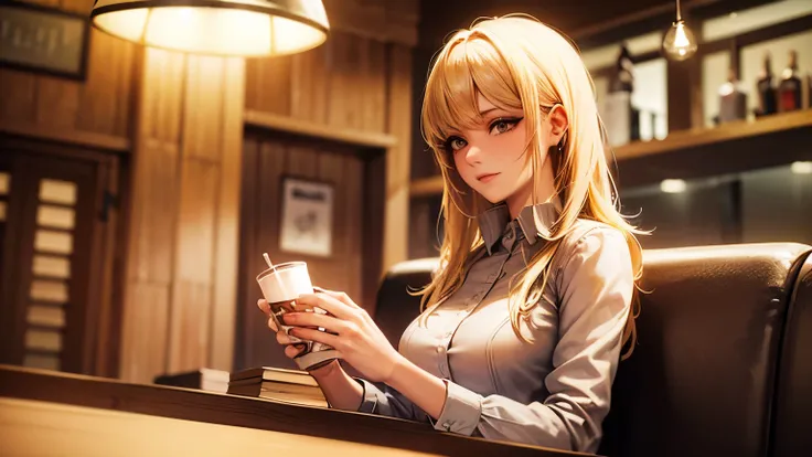 A cool blonde Western woman with striking beauty is enjoying a cup of coffee at a cozy café. The atmosphere is modern and chic, with warm lighting and a relaxed vibe. She is dressed stylishly, and her expression is calm and composed.