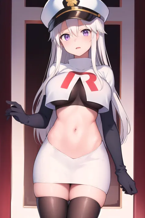 (masterpiece, best quality:1.2),illustration,8k,hd,1girl,solo,long_hair,hat,white hat,white_hair,peaked_cap,purple_eyes,breasts,shirt,very_long_hair,large_breasts,zettai_ryouiki,military_hat,bangs,hair_between_eyes,team rocket,team rocket uniform,white ski...