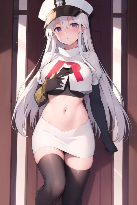 (masterpiece, best quality:1.2),illustration,8k,hd,1girl,solo,long_hair,hat,white hat,white_hair,peaked_cap,purple_eyes,breasts,shirt,very_long_hair,large_breasts,zettai_ryouiki,military_hat,bangs,hair_between_eyes,team rocket,team rocket uniform,white ski...
