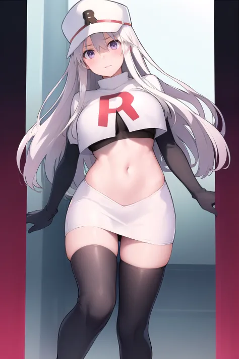 (masterpiece, best quality:1.2),illustration,8k,hd,1girl,solo,long_hair,hat,white hat,white_hair,peaked_cap,purple_eyes,breasts,shirt,very_long_hair,large_breasts,zettai_ryouiki,military_hat,bangs,hair_between_eyes,team rocket,team rocket uniform,white ski...