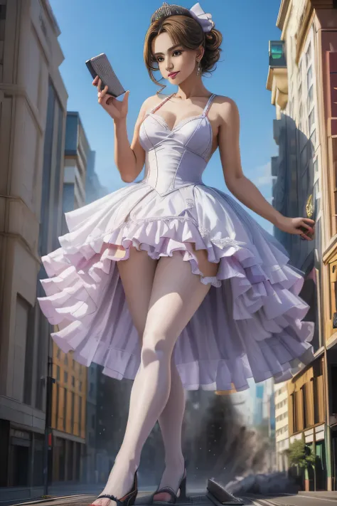 giantess art, highly detailed giantess shots, giantess, Two legs, Five fingers, short hair, super giant princess, A beautiful girl who is bigger than any skyscraper, Wearing rimless glasses, smile, Big Breasts, White gorgeous dress, White Pantyhose, white ...