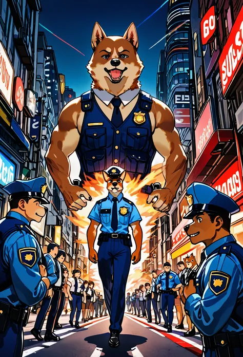 top quality, best quality, highres, masterpiece, super high resolution, detailed background, street, gasping for air(super handsome boys, dog)police officer, swat, police uniform, 6+boys, 6+girls, absurdres(highly detailed beautiful face and eyes)perfect a...