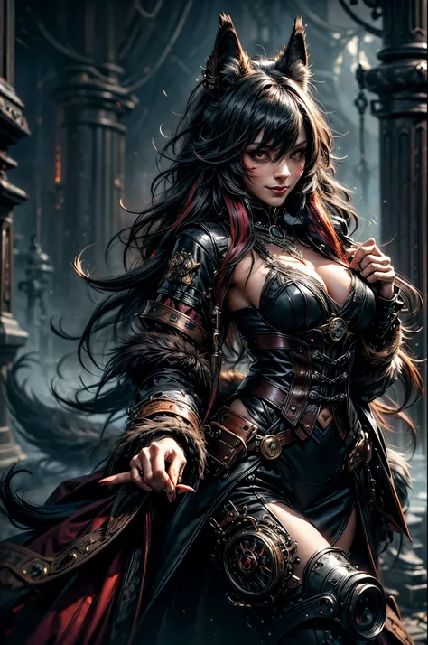 [best quality,shaded,extreme details,highly detailed,ultra detailed,intricate,realistic,perfect face,full body portrait,low lighting,dark color],wolf woman,full fur,magic fur,full tail,big signal,tail magical, long hair (colored hair), expressive smile, de...