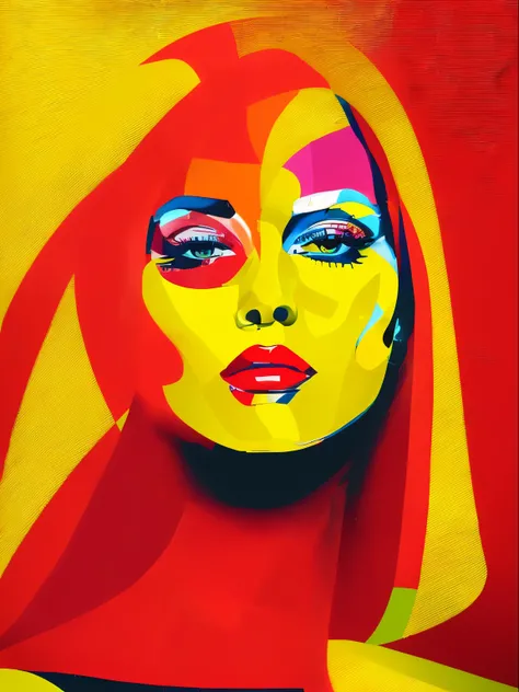 a close up of a woman with a yellow and red face, pop art painting, in style of digital illustration, vector art style, a pop art painting, trending artistic art, vector art, digital art - w 0, pop - art style, in style of digital painting, digital art por...