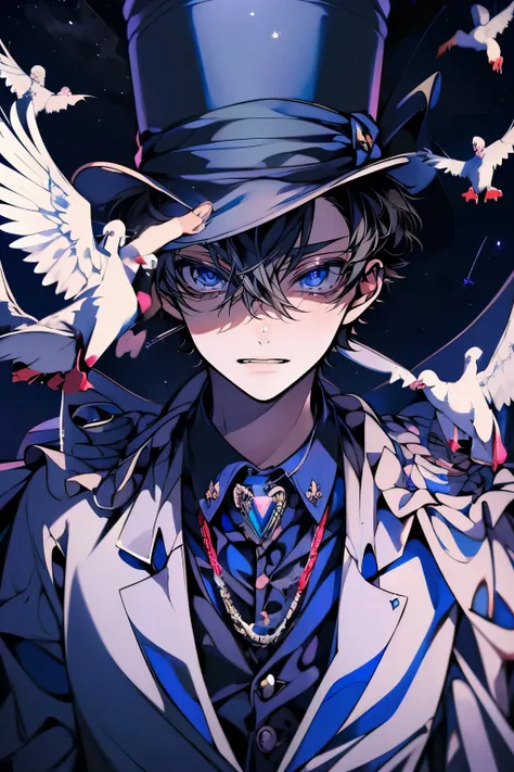 (Mastepiece), (Best Quality), Very detailed, ((17 year old boy:1.5)), (Solo Shooting:1.3)、Perfect Face, Beautiful Face, Very detailedな顔,(Black short hair:1.3),((White Suit 1.4))、(Blue Shirt)、(Pink tie)、((White Top Hat 1.4))、((White Cape:1.4))、(White Gloves...
